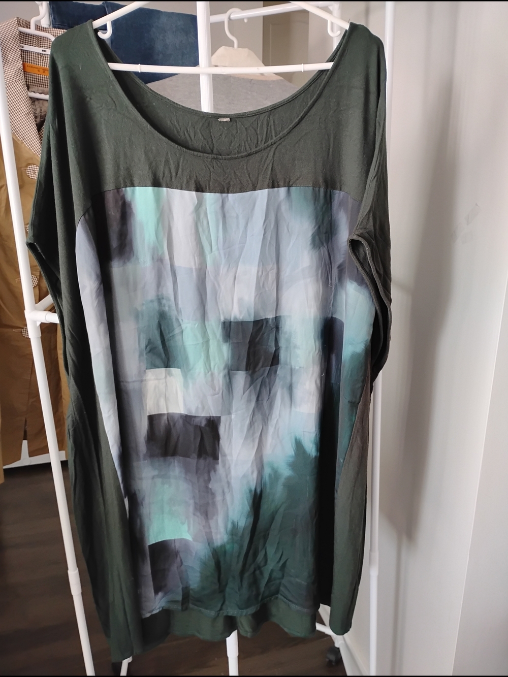 Penningtons Olive Green Tunic with Abstract Aqua-Green Panel Off Shoulder Sleeve